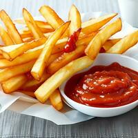 Crispy french fries with ketchup and sauce photo