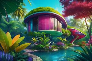 Colorful nature scene fantasy house with futuristic jungle background photo