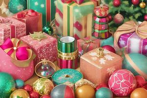 Christmas gifts wrapped in a unique and colorful paper photo