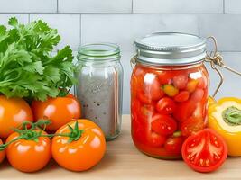 Vegetables on a table with a jar of tomatoes photo