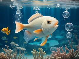 A fish with bubbles in the under water background photo