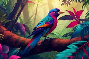 Colorful bird in the forest nature scene futuristic jungle background photo