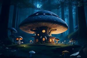 A mushroom house in the heart of the forest night scene futuristic background photo