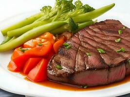 A Plate of steak with vegetables on top photo