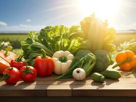 Vegetables on a table with a sunburst behind photo