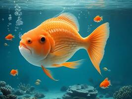 A goldfish with bubbles in the under water background photo