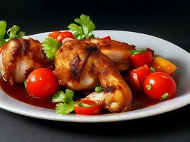 un plato de pollo pierna con tomate ensalada en negro antecedentes foto