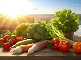 Vegetables on a table with a sunburst behind photo