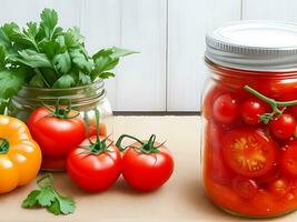 Vegetables on a table with a jar of tomatoes photo