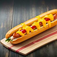Hot dog with mustard and ketchup on a dark wooden background photo