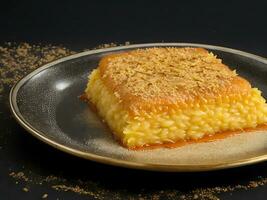 A Plate of Traditional Turkish Dessert Kunefe on Black Background photo