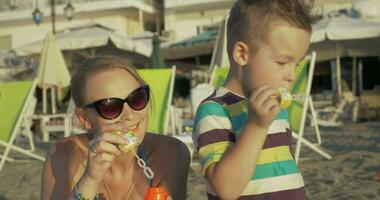 madre y niño soplo burbujas en el playa video