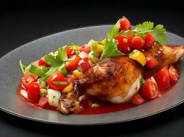 A plate of chicken leg with tomato salad on black background photo