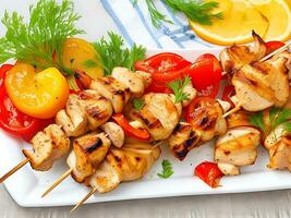 Chicken skewers with slices of sweet peppers and tomato photo