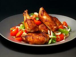 un plato de pollo pierna con tomate ensalada en negro antecedentes foto