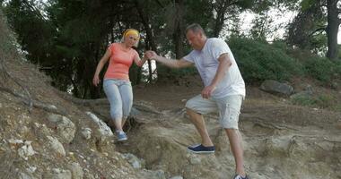 Man helping woman to make the way in woods video