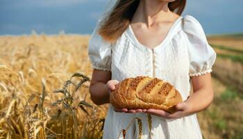 Woman holding bread among Ukrainian wheat field photo