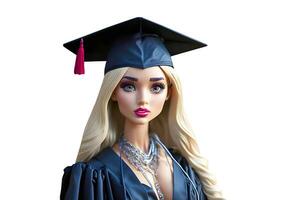 Cute cartoon school girl, plastic doll in college or graduate university. Student learning, concept of education. photo