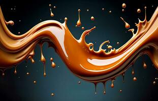 Delicious melted caramel texture. Flow, wave and drops splash caramels sauce. Sweet food design background. photo