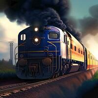The blue train with the black smoke photo