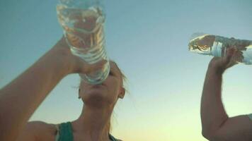 zwei Menschen Trinken Wasser von Plastik Flaschen video