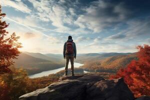 Hiker with backpack standing on the edge of a cliff and enjoying the view of the valley. photo