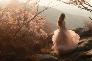 Beautiful girl in a long pink dress standing on the rock and looking at the mountain photo