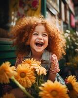 retrato de un sonriente pequeño niña con un ramo de flores de flores foto