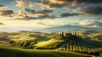 Tuscany landscape with cypresses and farmhouse at sunset photo