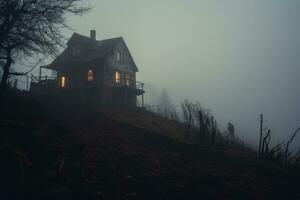 Old wooden house in the fog on the hillside in the evening photo