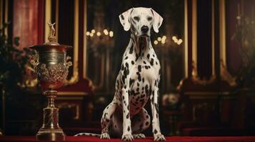 A pedigreed purebred Dalmatian dog at an exhibition of purebred dogs. Dog show. Animal exhibition. Competition for the most purebred dog. Winner, first place, main prize. AI generated photo