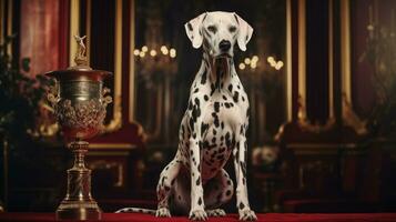 un pedigrí de pura raza dálmata perro a un exposición de de pura raza perros. perro espectáculo. animal exhibición. competencia para el más de pura raza perro. ganador, primero lugar, principal premio. ai generado foto