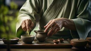 tradicional japonés té ceremonia. el manos de un té Maestro espolvorear matcha verde té dentro un taza a preparar un fragante, sano beber. japonés cultura y tradiciones ai generado foto