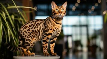 A pedigreed purebred Bengal cat at an exhibition of purebred cats. Cat show. Animal exhibition. Competition for the most purebred cat. Winner, first place, main prize. AI generated photo