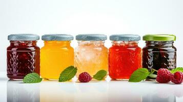 Glass jars with jam of different colors from different fruits. lined up, white background. Preservation and preparation, homemade healthy food. Sweet dessert. AI generated photo