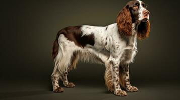 A pedigreed purebred English springer spaniel at an exhibition of purebred dogs. Dog show. Animal exhibition. Competition for the most purebred dog. Winner, first place, main prize. AI generated photo