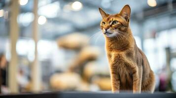 A pedigreed purebred Abyssinian cat at an exhibition of purebred cats. Cat show. Animal exhibition. Competition for the most purebred cat. Winner, first place, main prize. AI generated photo