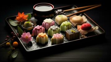 Japanese wagashi traditional sweets on a lacquered tray. The colorful confections. A healthy dessert made from natural ingredients. Sweets from rice and legumes for Japanese tea ceremony. AI generated photo