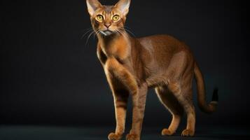 A pedigreed purebred Abyssinian cat at an exhibition of purebred cats. Cat show. Animal exhibition. Competition for the most purebred cat. Winner, first place, main prize AI generated photo