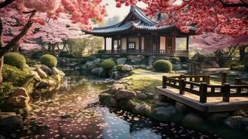 Beauty of a Japanese garden, where cherry blossoms bloom, flows clear river, a stone path leads to a tea house. The harmony of nature and architecture is the backdrop for tea gathering. AI generated photo