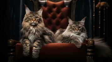 Two pedigreed purebred Maine Coon Cats at an exhibition of purebred cats. Cat show. Animal exhibition. Competition for the most purebred cat. Winner, first place, main prize. AI generated photo