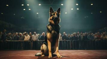 A pedigreed purebred German Shepherd dog at an exhibition of purebred dogs. Dog show. Animal exhibition. Competition for the most purebred dog. Winner, first place, main prize. AI generated photo