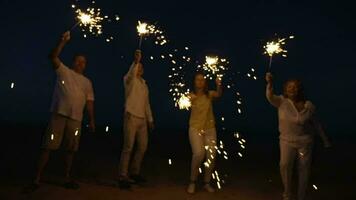 famiglia con sparklers su il spiaggia a notte video