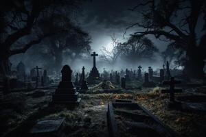 Gravestones in the old cemetery at night with fog. Halloween concept photo