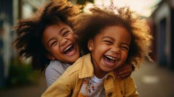 Close up portrait of two african american little girls laughing and having fun outdoors photo