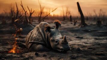 African white rhinoceros lying on the ground devastated by fire photo