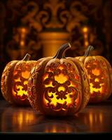 Halloween pumpkins and candles on wooden background photo