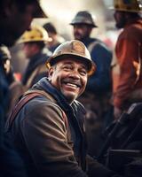 Portrait of happy coal miner smiling at camera while working in coal mine. Labor day photo