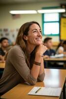 Portrait of a happy female teacher sitting at desk in a classroom. teacher's day concept photo