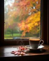 taza de café y otoño hojas en el antepecho. otoño antecedentes. foto